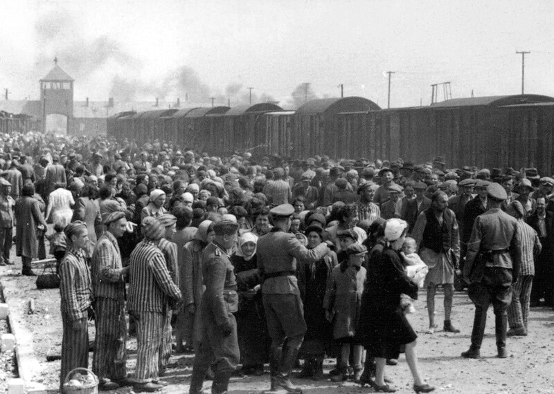 A large crowd of inmates is directed through a gate by army officers