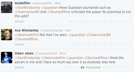 Twitter thread from 2014 shows Owen Jones calling a Guardian ad "vile"