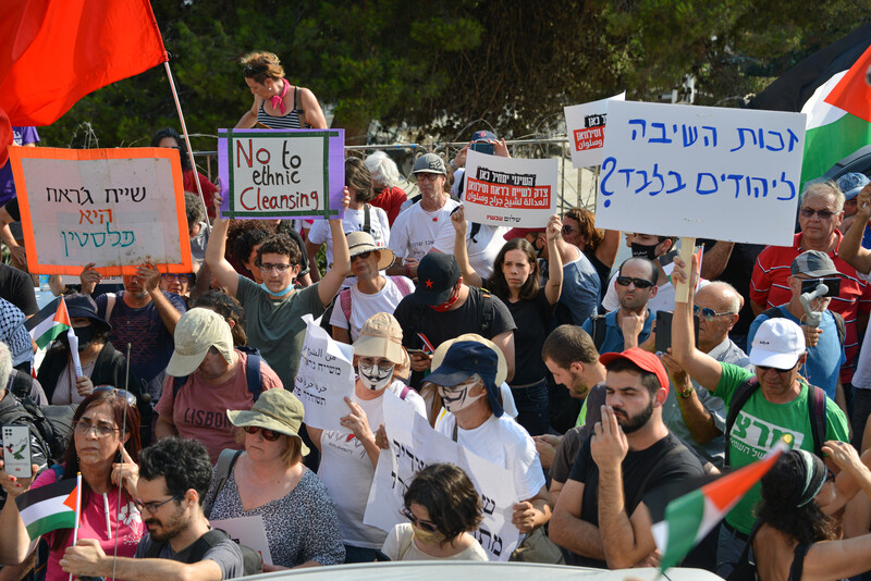 A crowd of protestors hold up the Palestinian flag and signs in Arabic, Hebrew and English