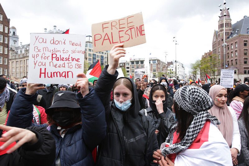 Many people march holding signs