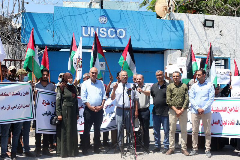 A group of people hold flags and banners outside a UN office