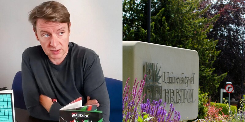 Collage shows a man and a university sign