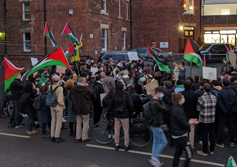 A crowd of protesters with flags