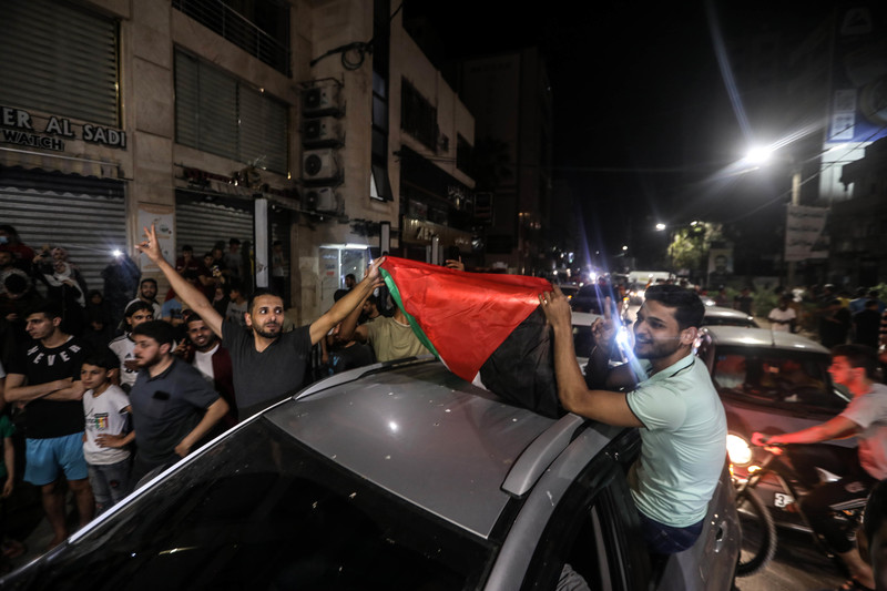 Two men hang out of the windows of a car and hold a Palestine flag among crowd