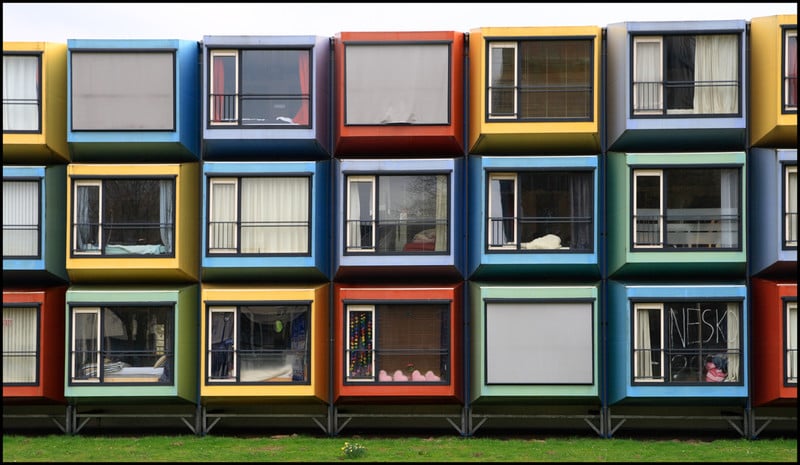 Colorful box-like housing units