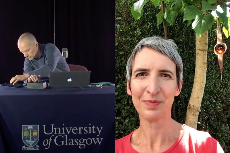 Collage: a man adjusts electronic on a table; a woman in a garden