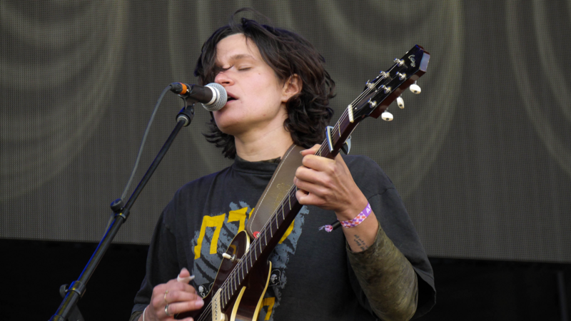 Woman plays the guitar and sings on a microphone 