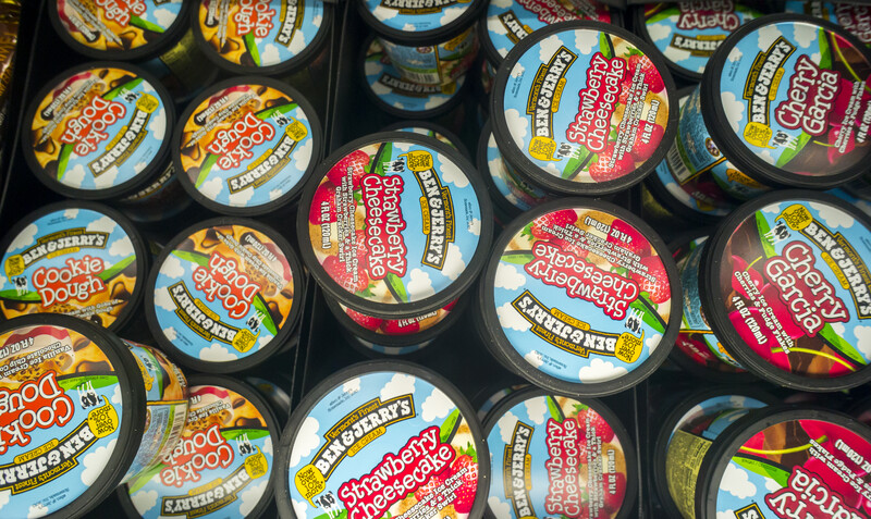 Pints of ice cream in a supermarket freezer