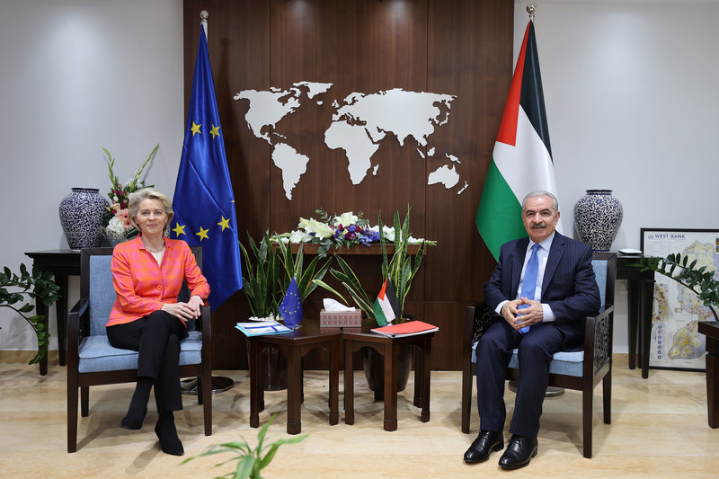 Palestinian Authority prime minister Mohammed Ishtayeh receives Ursula von der Leyen, the president of the European Commission, in the West Bank city of Ramallah on 14 June. During her trip to the region, von der Leyen signed a trilateral agreement on energy cooperation between the EU, Egypt and Israel. Prime Minister’s office