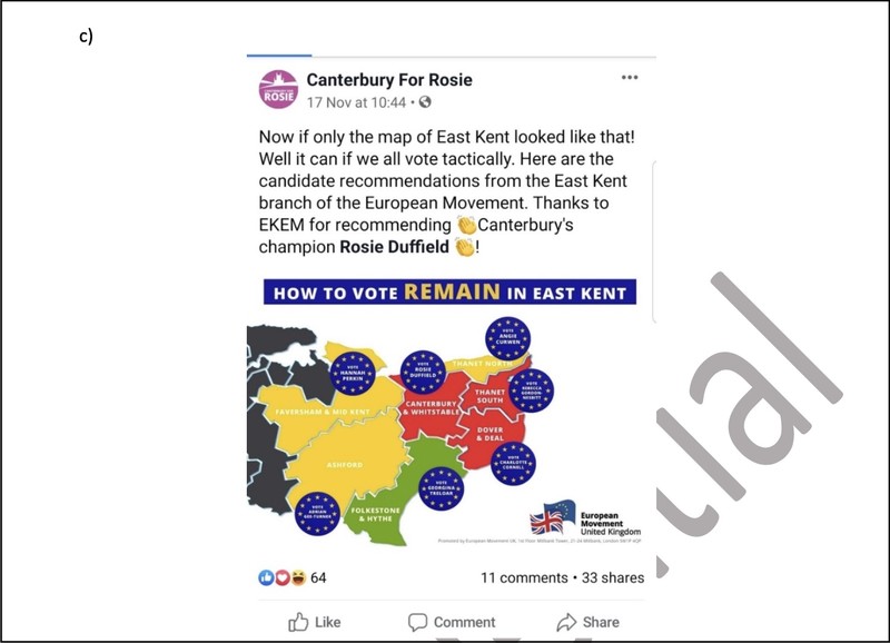 Document screenshot shows "Canterbury For Rosie" Facebook page arguing for an electoral deal with rival parties