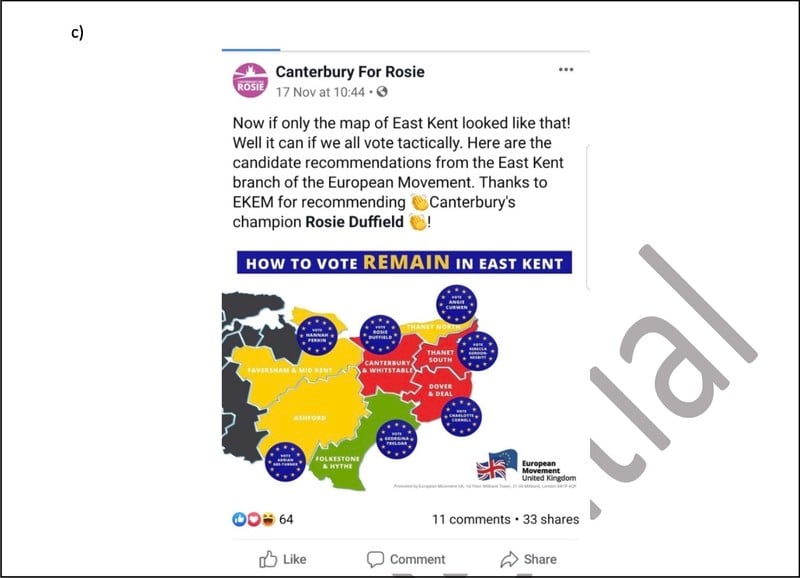 Document screenshot shows "Canterbury For Rosie" Facebook page arguing for an electoral deal with rival parties