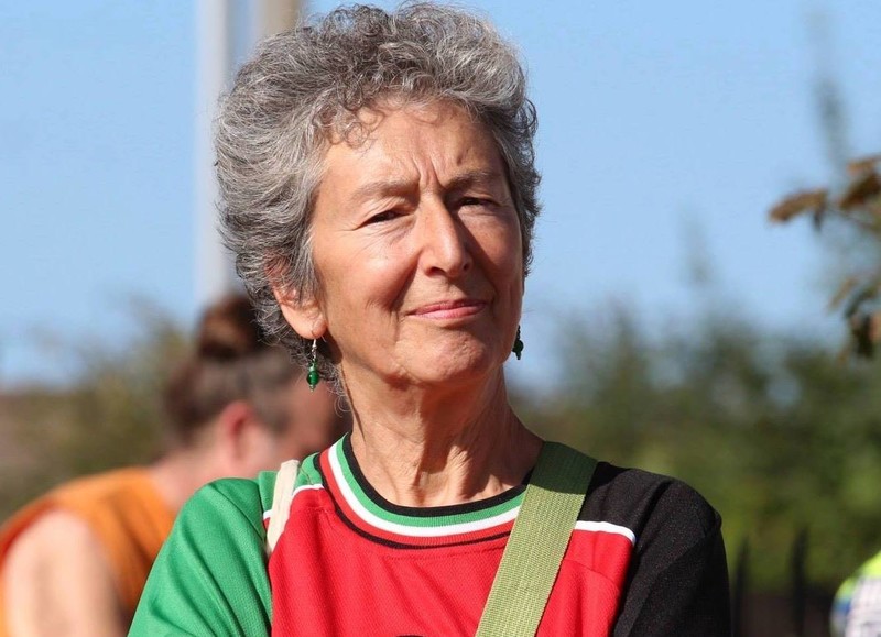 A woman in a Palestinian football shirt