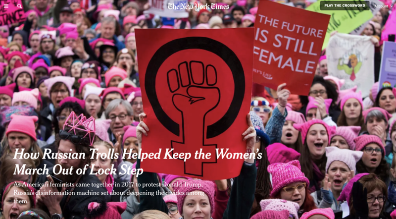 Screenshot of New York Times website showing womens march and headline of recent story