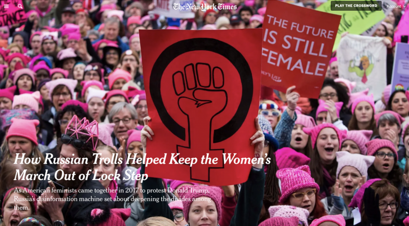 Screenshot of New York Times website showing womens march and headline of recent story