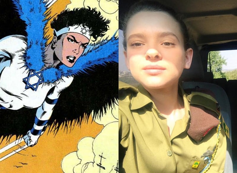 Collage shows Marvel character Sabra next to a woman in Israeli army uniform