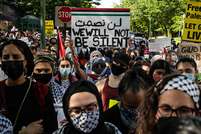 A group of protesters hold signs and Palestine flags. One banner reads We Will Not Be Silent in English and Arabic.