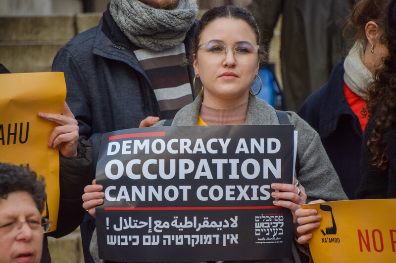 A woman holds a sign reading democracy and occupation cannot coexist