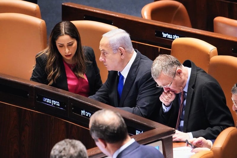 May Golan, Benjamin Netanyahu and Yariv Levin in the Knesset, Israel's parliament