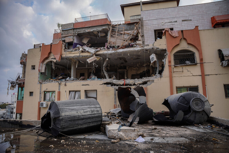 Gaping holes and damage to a Palestinian residential apartment