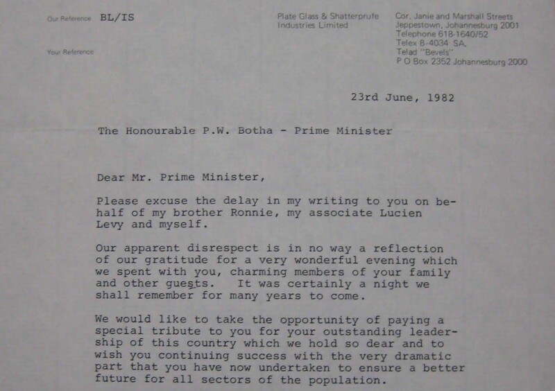 A photo of a letter from the Lubners to P. W. Botha