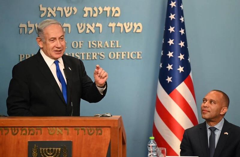 Congressman Hakeem Jeffries looks on as Prime Minister Benjamin Netanyahu speaks