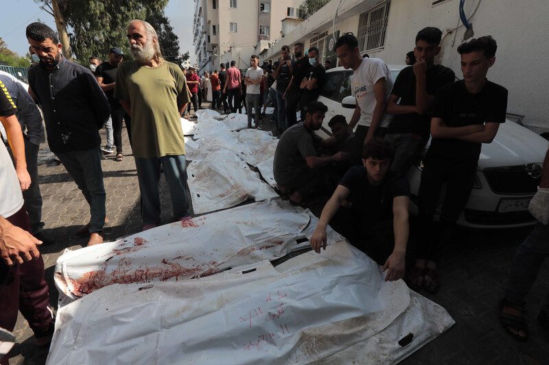 Rows of bodies covered in white cloths lie on the ground as people observe