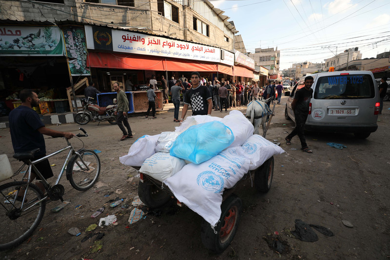 Bags of food aid are carried on a donkey cart in front of bakery with long queue