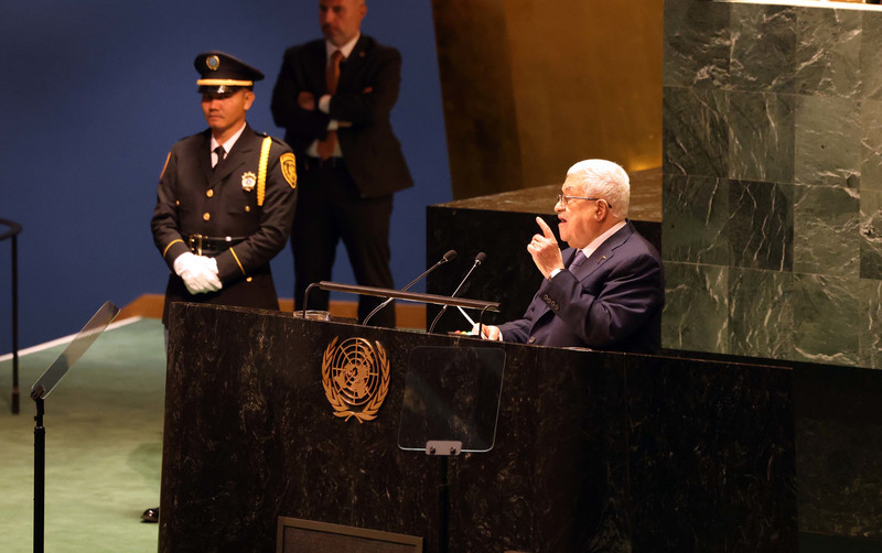 PA leader Mahmoud Abbas gives a speech at the podium of the UN General Assembly