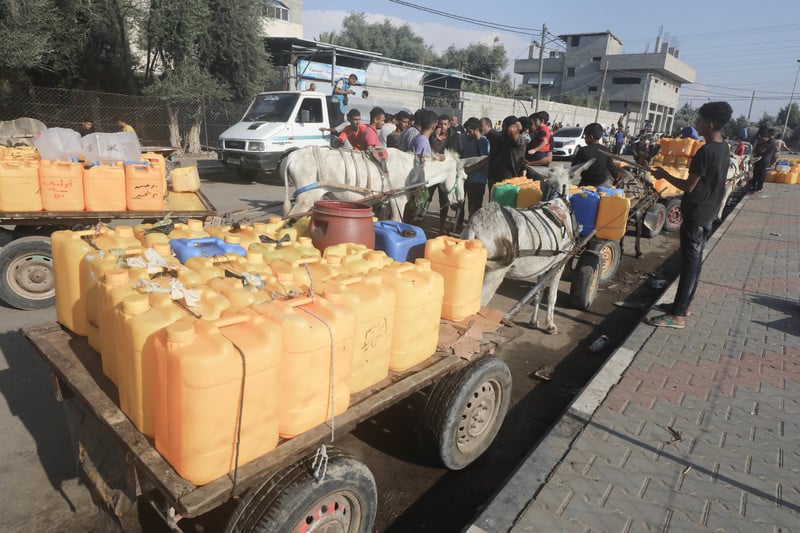 People stand on the street next to several donkey carts loaded with plastic jugs