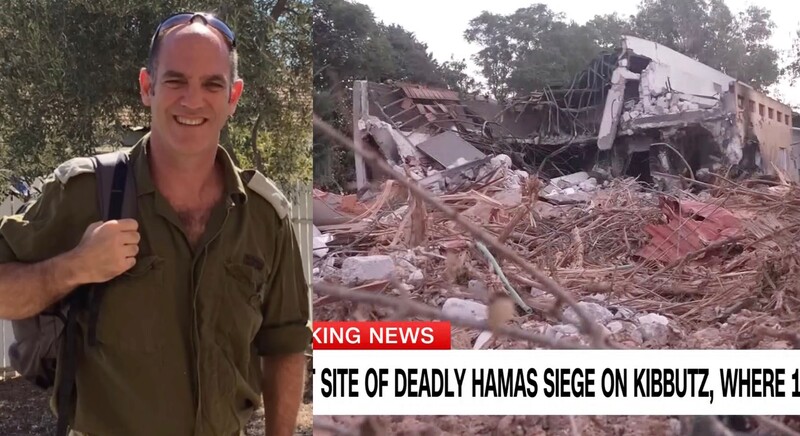 Collage: Israeli army officer and a destroyed building