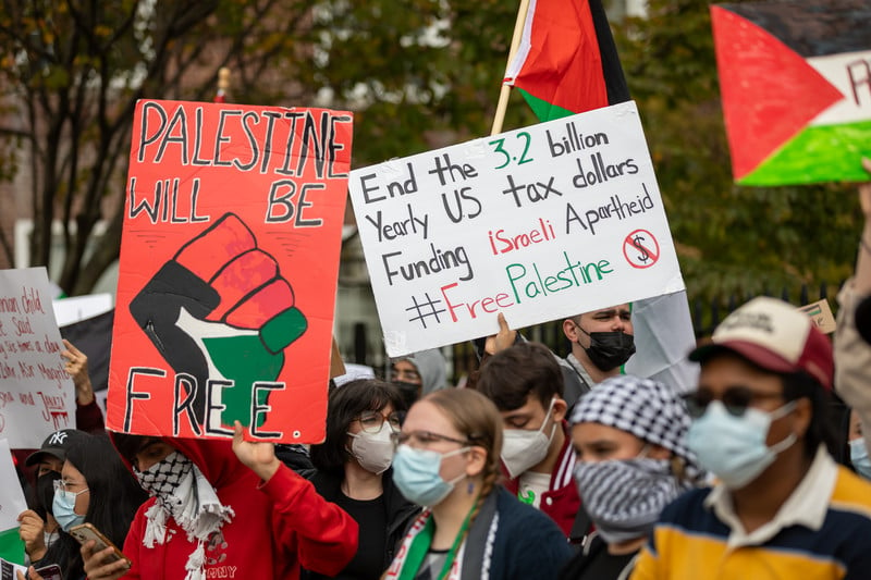 Protesters wearing masks hold signs in solidarity with Palestine