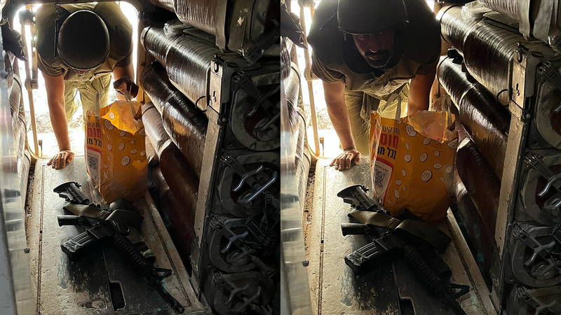 A collage of two images that appear to be taken in the same setting showing an Israeli soldier leaning over a yellow bag in the back of a tank