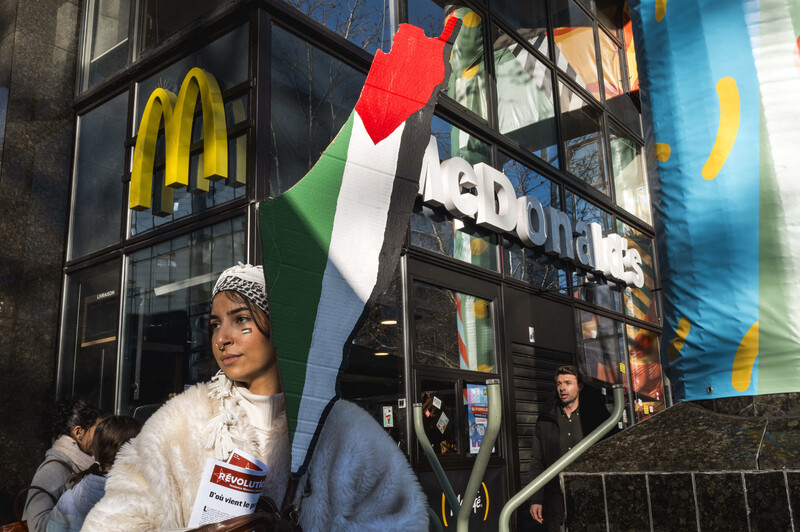 Portrait of a demonstrator with a Palestinian flag painted on her face and a placard in the shape of Palestine in front of a McDonald's restaurant