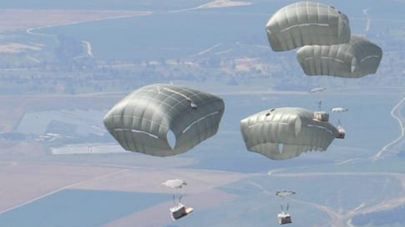 Aerial image of parachutes descending onto land