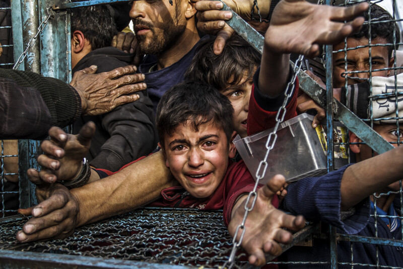 Palestinian children and adults try to secure food