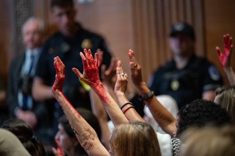 Protesters with hands painted red in Senate Appropriations Committee hearing