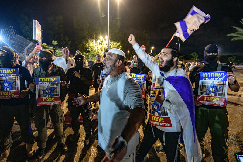 People, some masked, hold signs and are draped in flags as they cheer 