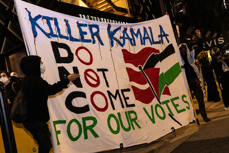 Two protesters stand alongside a banner that says Killer Kamala Do Not Come for our votes outside the DNC in Chicago, Illinois