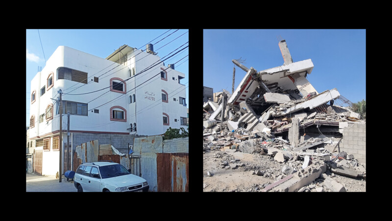 A composite show's the author's ouse before and after it was destroyed