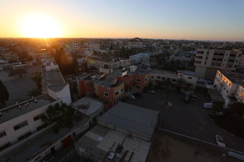 A sunset over a city