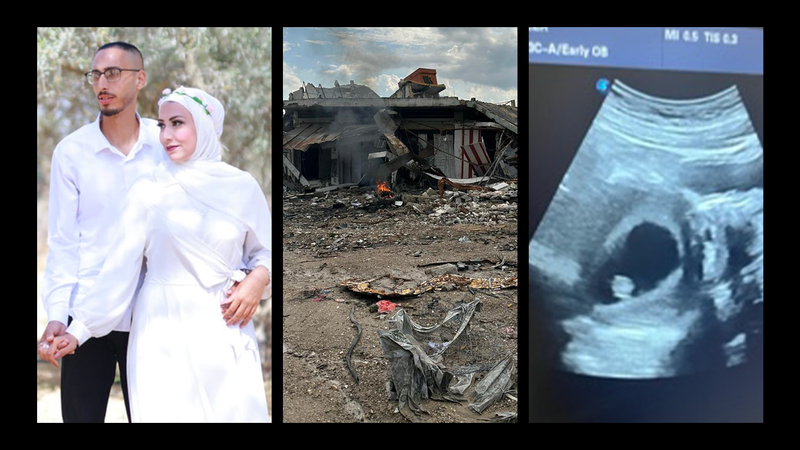 A composite photo shows a couple on their wedding day, a destroyed house and an ultrasound scan of a fetus 