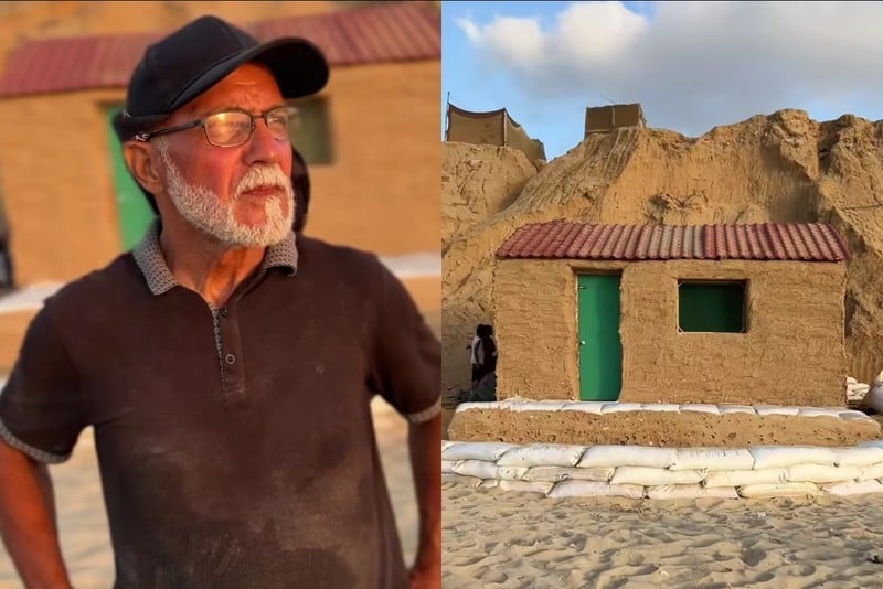 A split photo shows a man and his beachhut