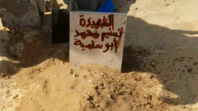 A makeshift gravestone placed atop soil, with the inscription: The Martyr Tasneem Muhammad Abu Salmiya. 