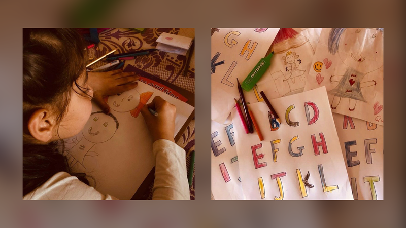 A composite shows a child drawing and a sheet with the English alphabet. 