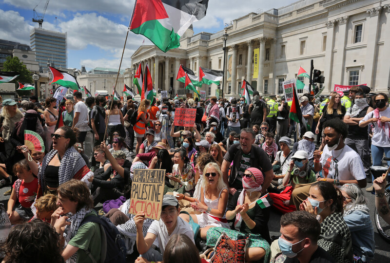 Demonstrators with Palestinian flags