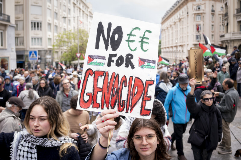 Person holds "No euros for genocide" sign amid large marching crowd