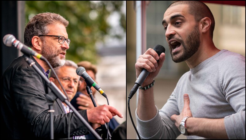 Collage of two different men speaking into microphones