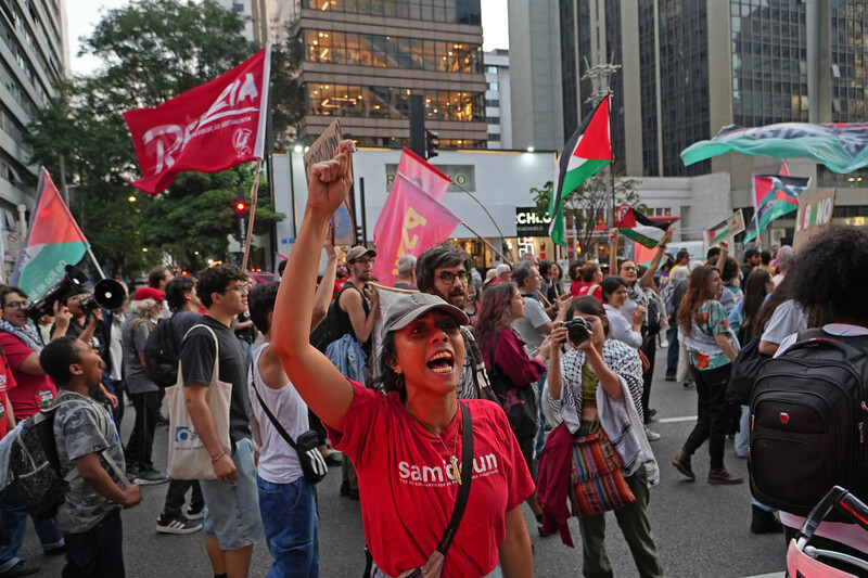 A woman holds her hand during a Palestine protest