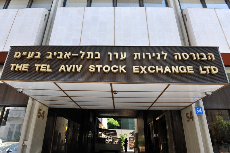 A picture of the front of Tel Aviv stock exchange