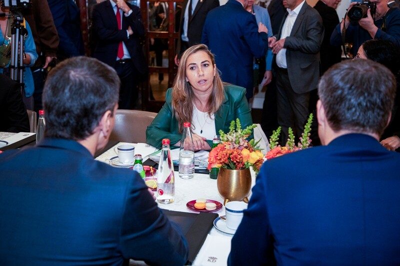 Two men in suits seen from behind sit across a table from a woman